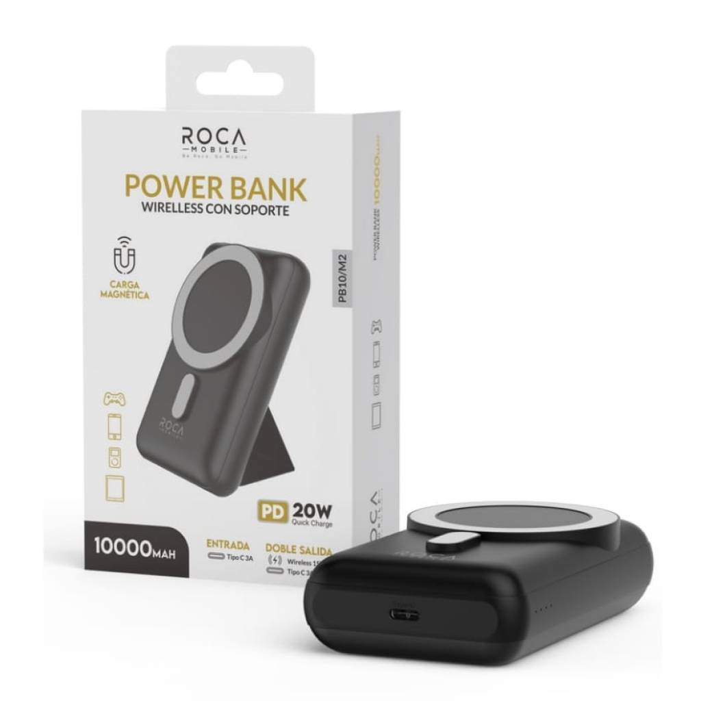 Power Bank ROCA PB10-2/MAG 10.000mAh Carga Magnética Entrada: Tipo C / Salida: Tipo C 20W + Magnético 15W Negro